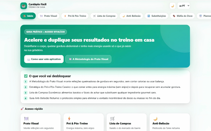 Tela inicial do mini app Cardápio Fácil, com os atalhos Prato Visual, Pré e Pós-Treino, Lista de Compras e Anti-Beliscão.