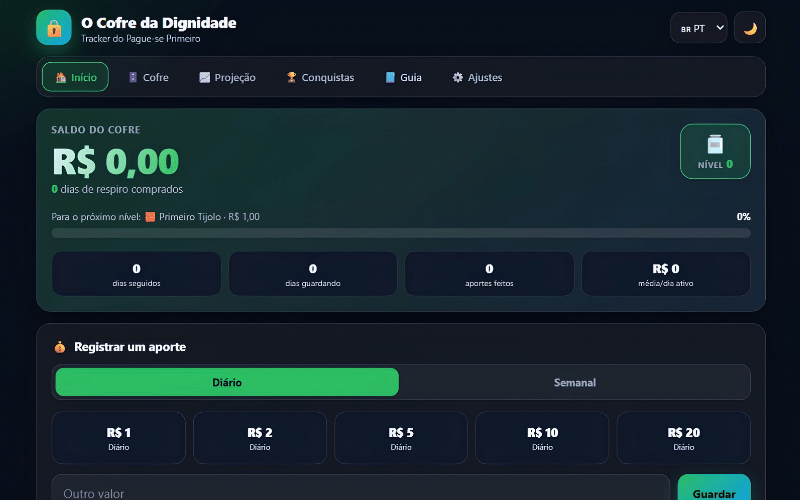 Tela inicial do mini app O Cofre da Dignidade, com o saldo do cofre, dias de respiro comprados e os botões de aporte rápido.