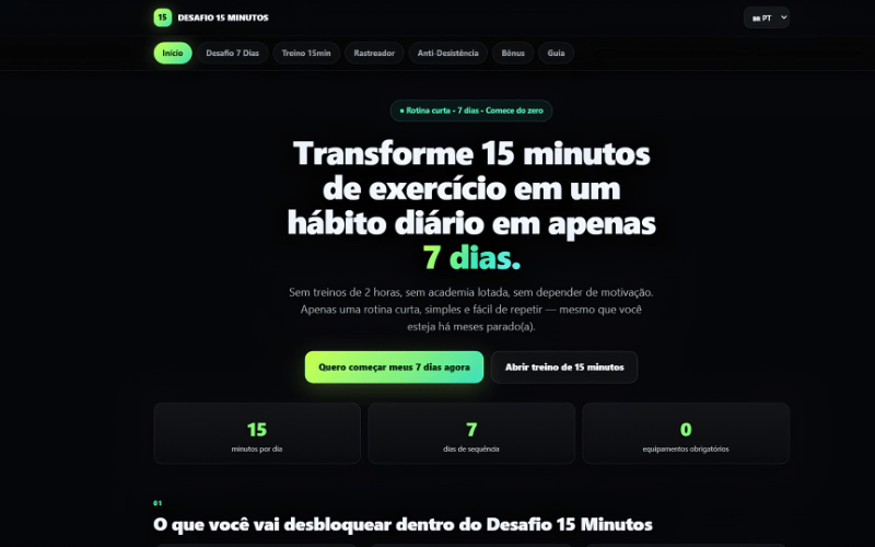Tela inicial do mini app Desafio 15 Minutos, com o resumo de 15 minutos por dia, 7 dias de sequência e zero equipamentos obrigatórios.