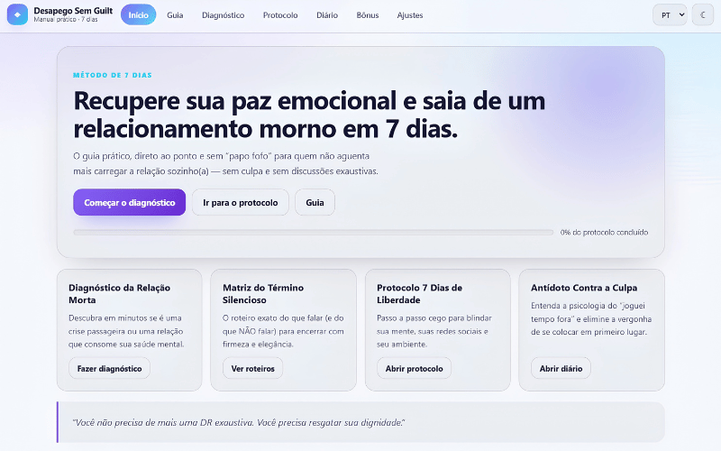 Tela inicial do mini app Desapego Sem Culpa, com o diagnóstico da relação, a matriz de término silencioso, o protocolo de 7 dias e o antidoto contra a culpa.