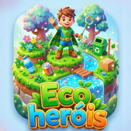 Ícone do jogo Eco Heróis, com o jovem herói de capa em um cenário de natureza com árvores, rio e itens recicláveis.