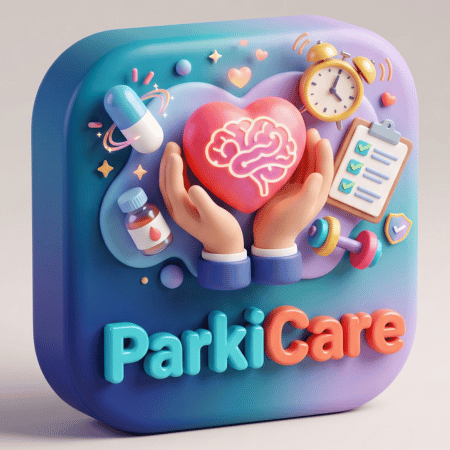 Ícone do mini app ParkiCare, com um cérebro e um coração segurados por duas mãos, além de remédios, relógio e prancheta de tarefas.