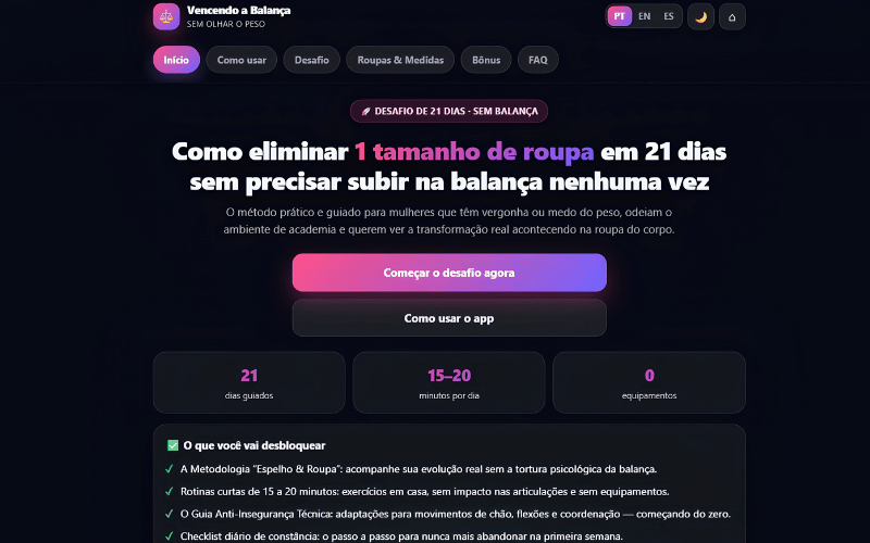 Tela inicial do mini app Vencendo a Balança, com o desafio de 21 dias, rotinas de 15 a 20 minutos e zero equipamentos.